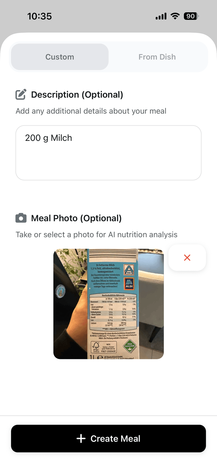 Log milk with custom portion