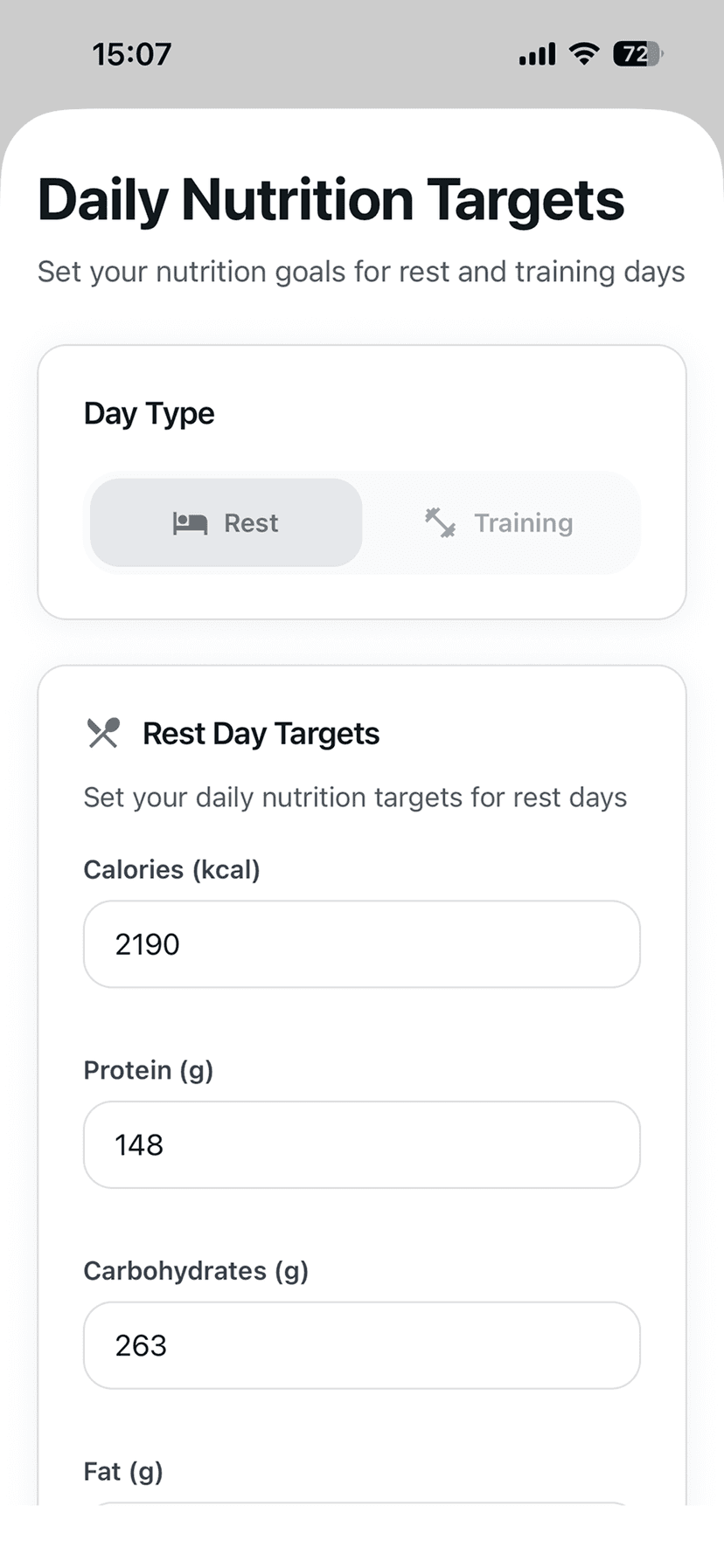 Define nutrition targets screen